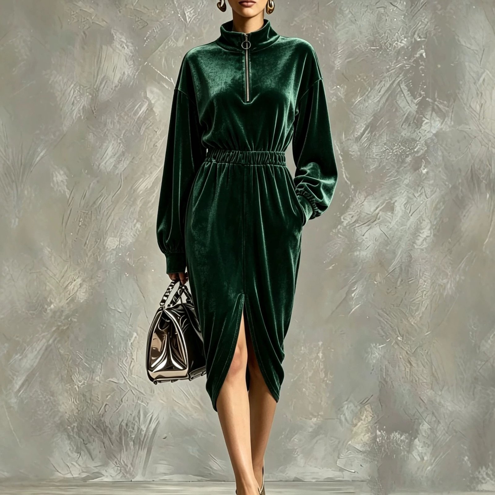 Women's Fashion Velvet Zip-front Waist-cinching Long-sleeve Dress - الصورة 4