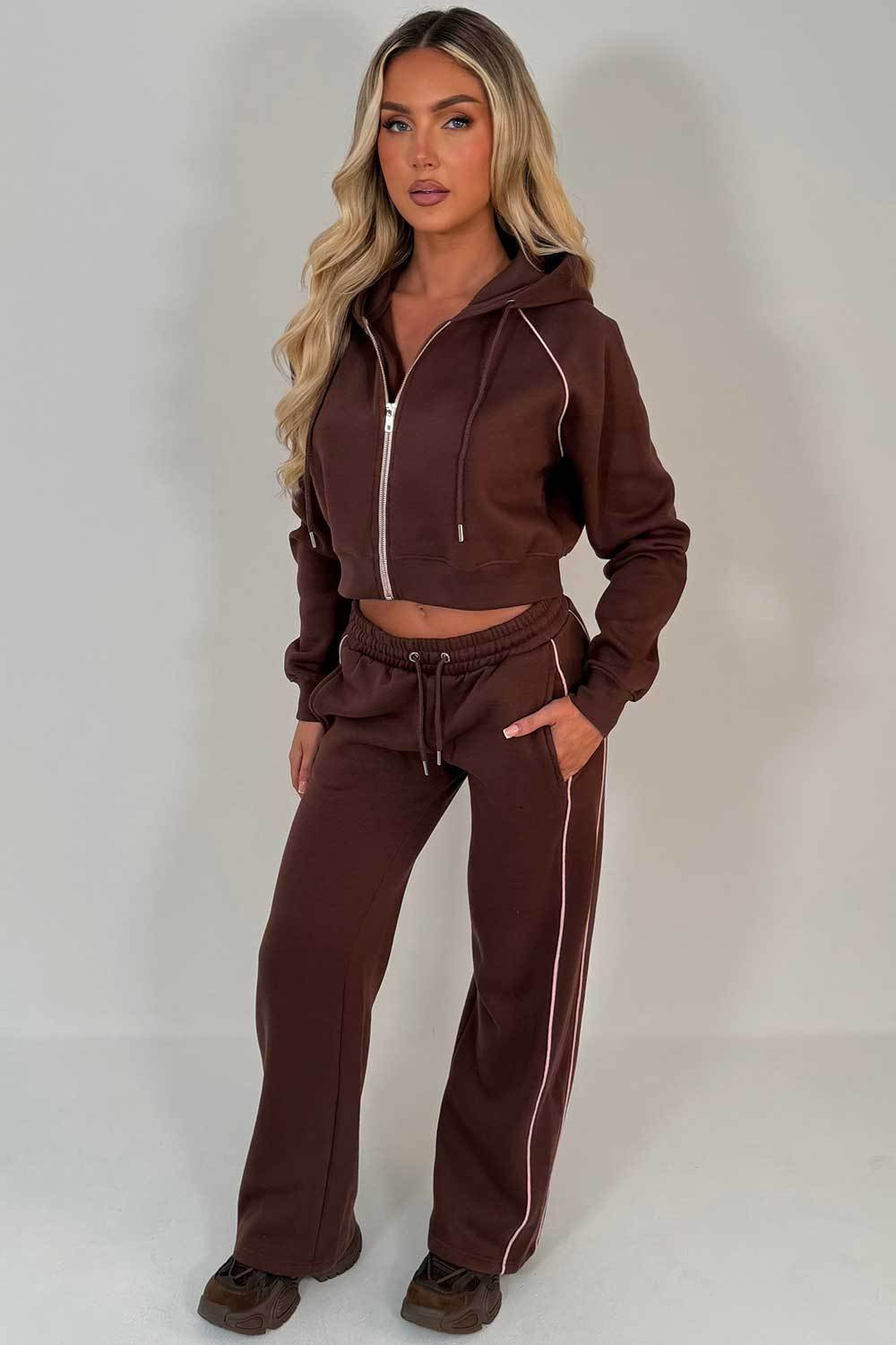 New Autumn Womens Set Hooded Zip-up Jacket And Striped Elastic-waist Pants - الصورة 6