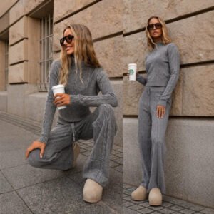 Short Sweater And Straight-leg Floor-length Wide-leg Pants Two-piece Set For Womens Fallwinter Wear