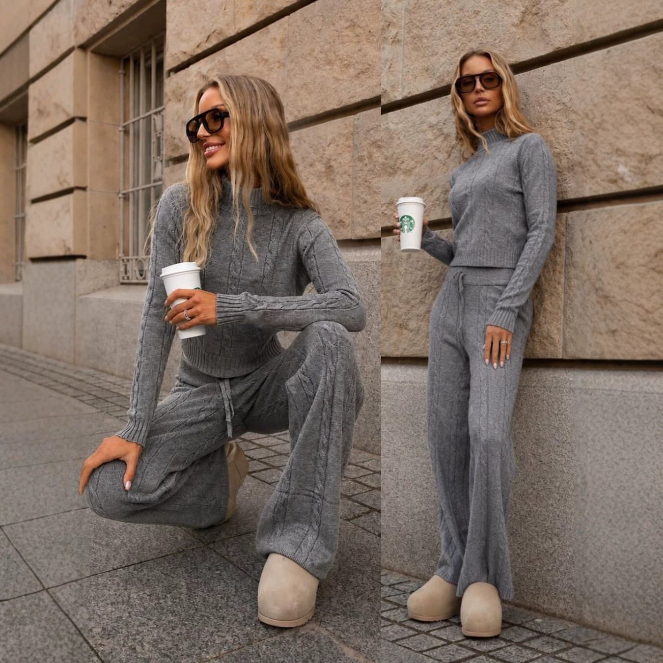 Short Sweater And Straight-leg Floor-length Wide-leg Pants Two-piece Set For Womens Fallwinter Wear