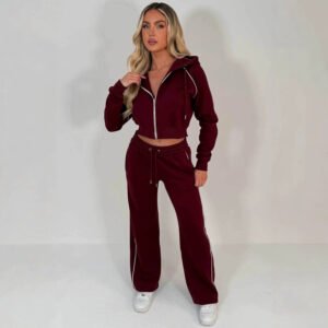 New Autumn Womens Set Hooded Zip-up Jacket And Striped Elastic-waist Pants