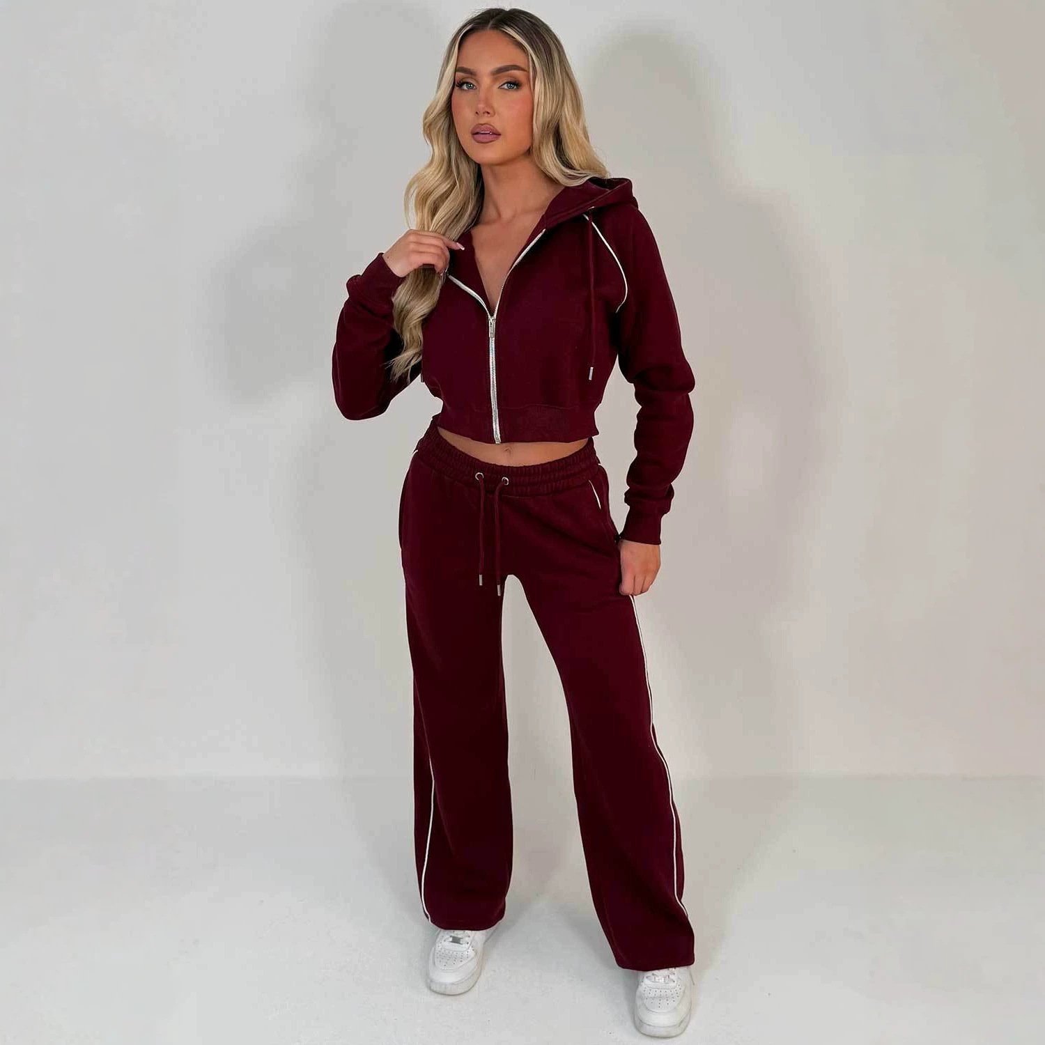 New Autumn Womens Set Hooded Zip-up Jacket And Striped Elastic-waist Pants
