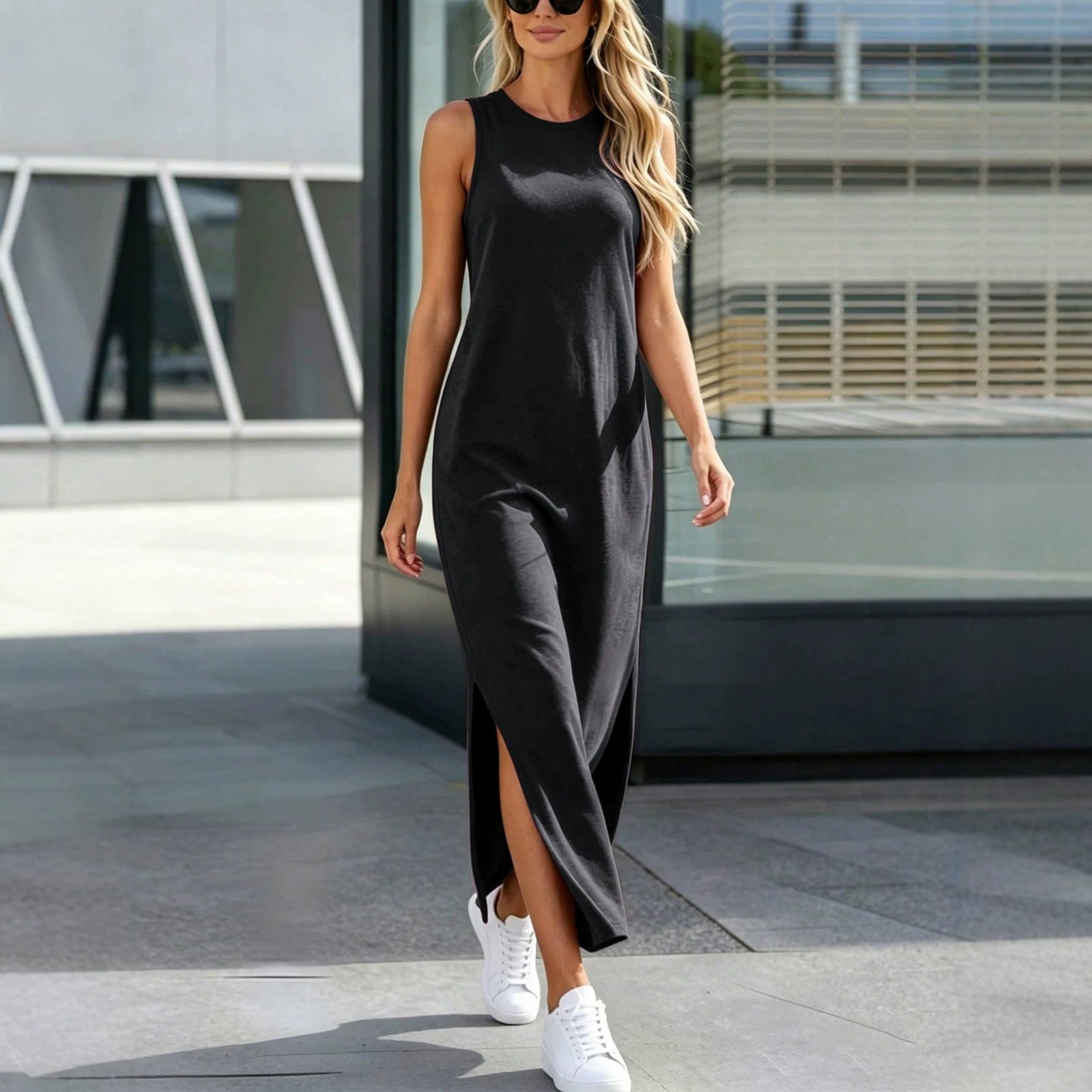 Sleeveless Slit Casual Loose-fit Figure-flattering Workwear Vest Dress - الصورة 7