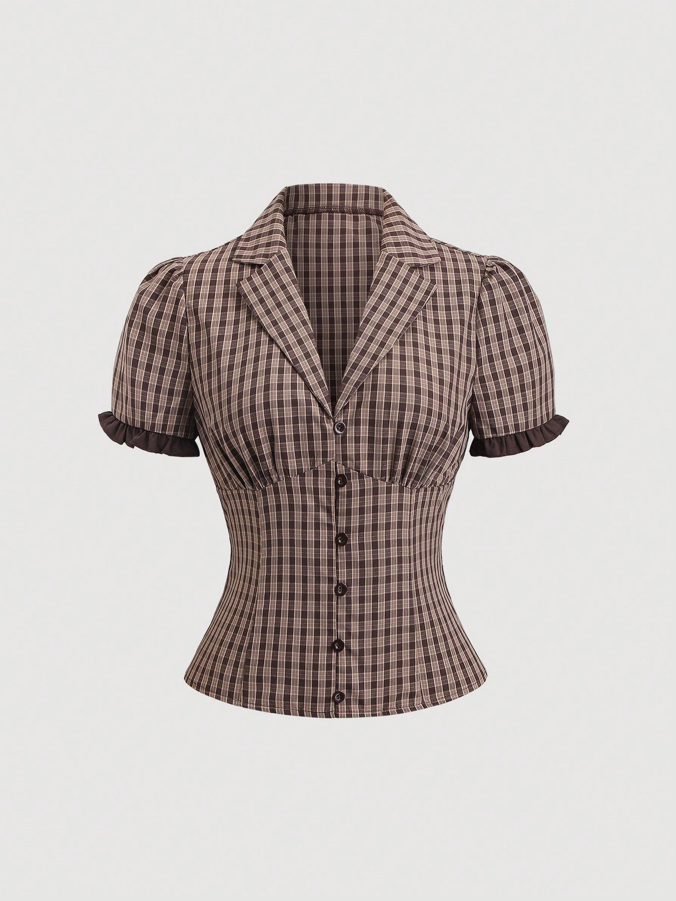 Summer New Wave Lace Patchwork Lapel Slim-fit Plaid Short-sleeve Shirt - الصورة 5