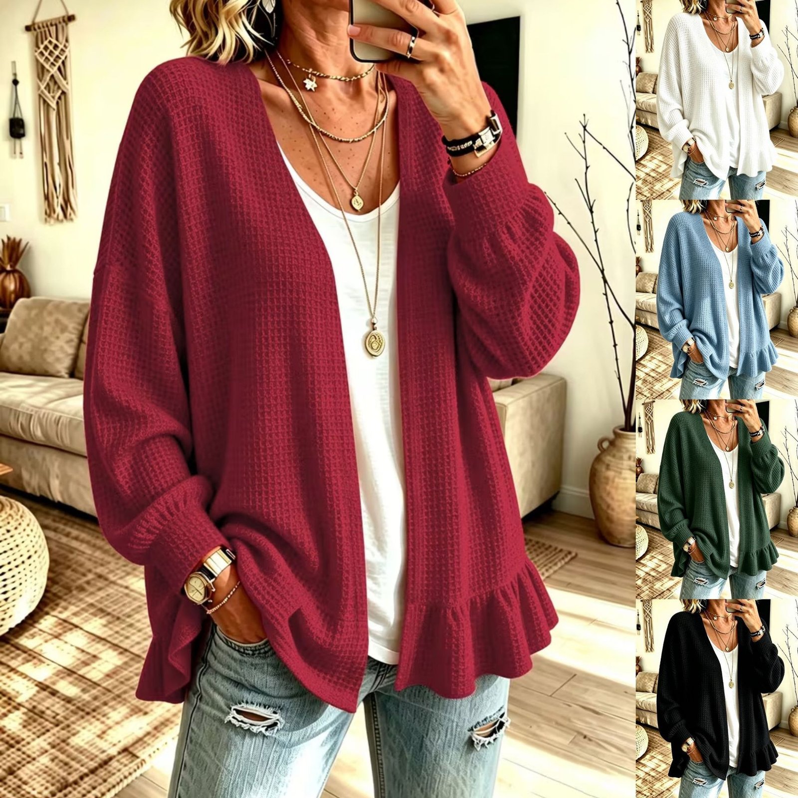 Women's Waffle-knit Cardigan With A Ruffled Hem